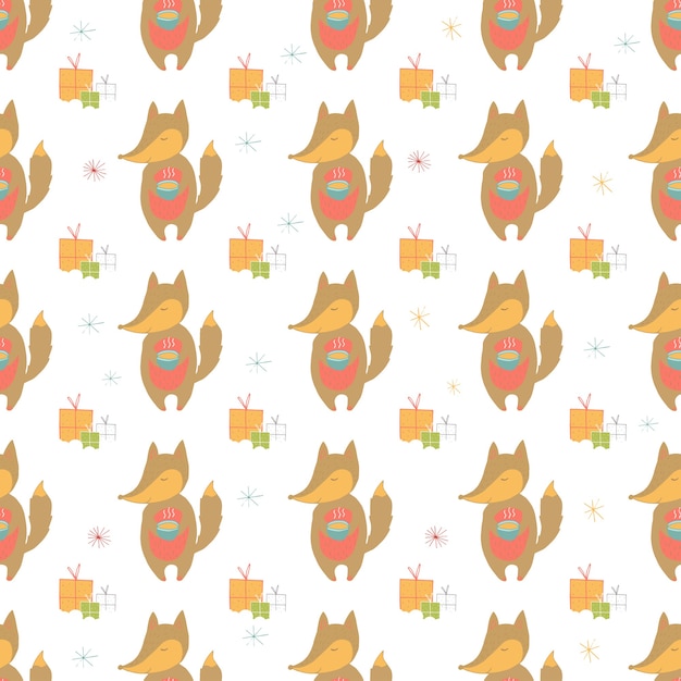 Seamless holiday pattern with fox and presents