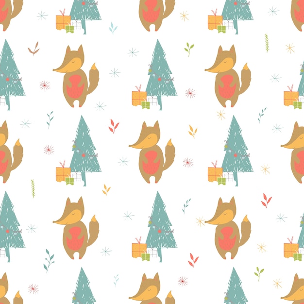 Seamless holiday pattern with fox and presents