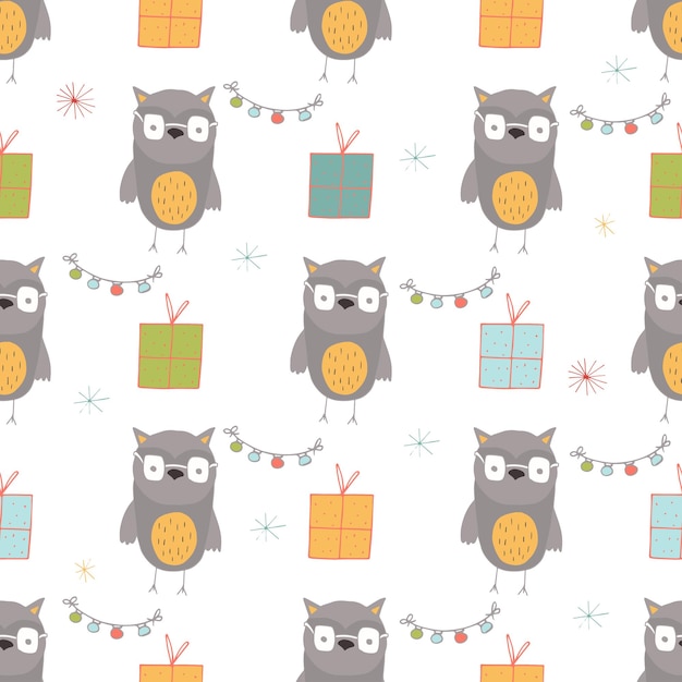 Seamless holiday pattern with owl and presents Hand drawn Christmas background for greeting card