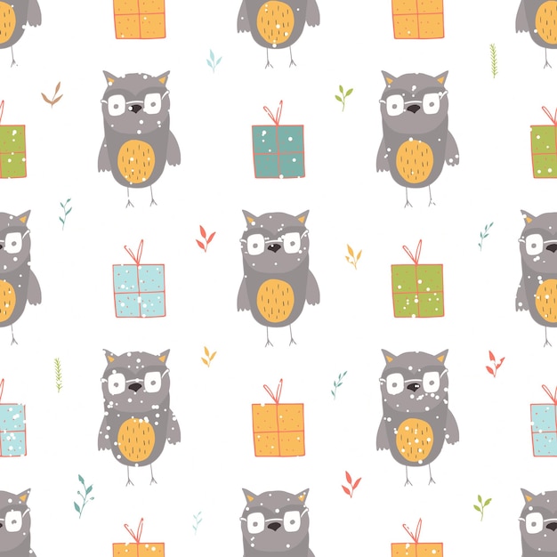 Seamless holiday pattern with owl and presents Hand drawn Christmas background for greeting card