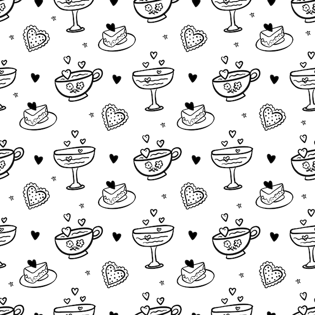 Seamless holiday valentine pattern. Black and white cakes and hearts background. Wrapping and gift.