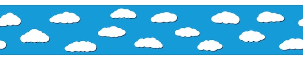 Seamless horizontal banner of white clouds with shadows in flat style on light blue background