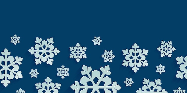 Seamless horizontal pattern with paper cut snowflakes Christmas design 3D illustration on blue