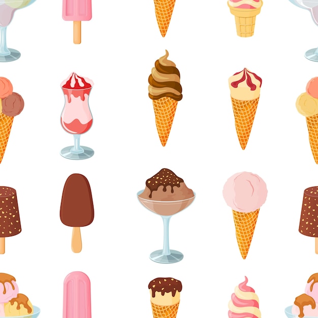 Seamless ice cream pattern Sweet summer dessert Vector illustration A set of ice cream