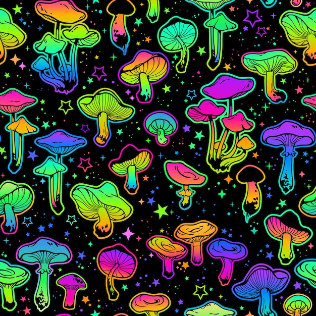 Seamless illustration depicting a pattern of various bright mushrooms and plant leaves