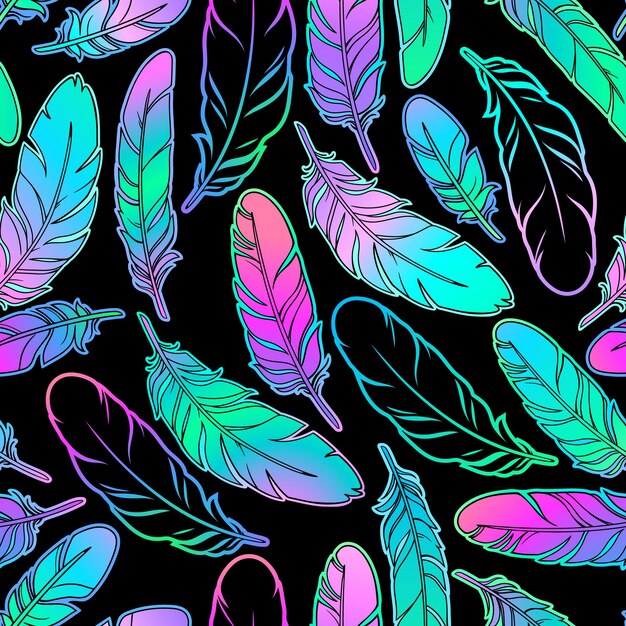 Vector seamless illustration depicting scattered multicolored beautiful feathers