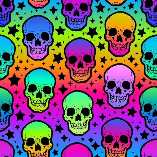 Vector seamless illustration of neon bright human skulls and stars