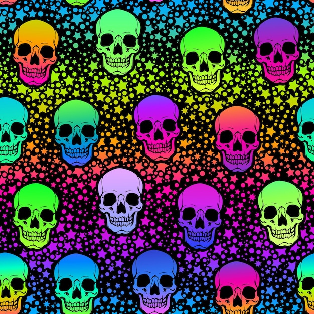 Seamless illustration of neon bright human skulls and stars