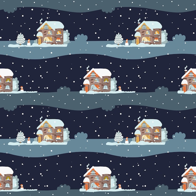 Seamless illustration with a village house in the snow Vector