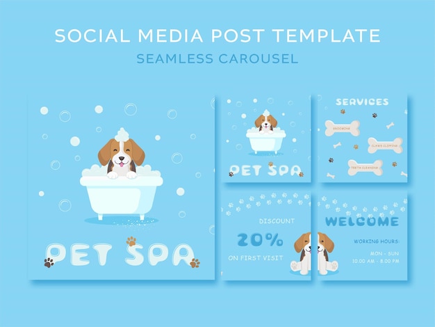 Seamless instagram carousel for dog grooming salon with beagle puppy in the bath Vector