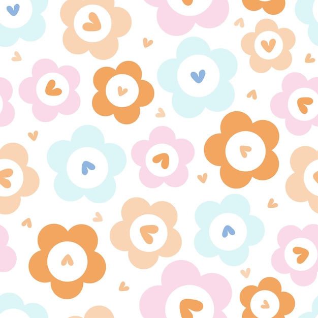 Seamless kids pattern background with pastel cute hand draw flower and hearts