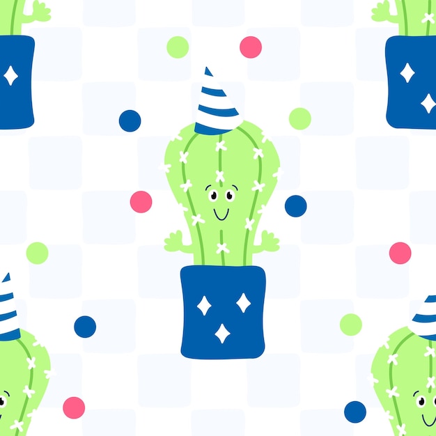 Seamless kids pattern Funny circus cactus on flower pot square background  Kitchen tablecloth design