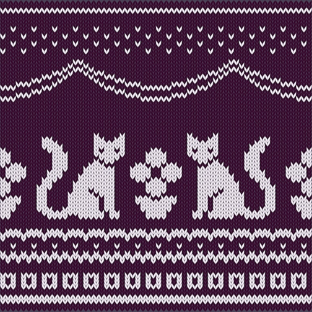 Seamless knitted pattern with sitting cats and potted plant.