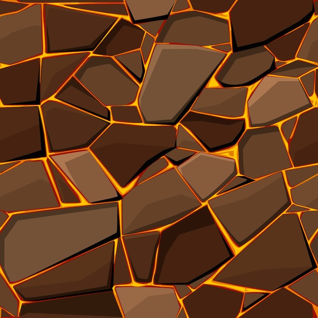 Seamless lava or fire pattern with brown stones for graphic design Vector illustration textural background with orange lava for wallpaper