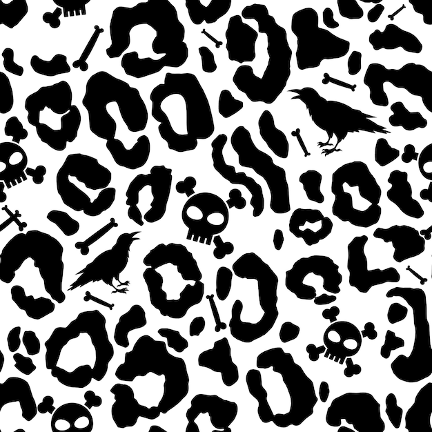 Seamless Leopard Halloween Pattern With Skulls and Crow