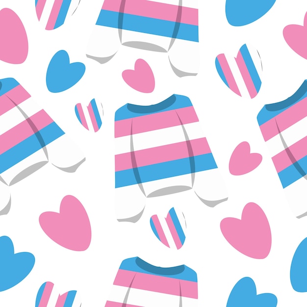 seamless lgbt themed pattern with sweaters in transgender flag colors with hearts in transgender