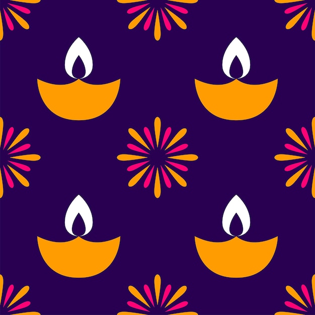 Seamless Lit Oil Lamps (Diya) And Fireworks Pattern Background.