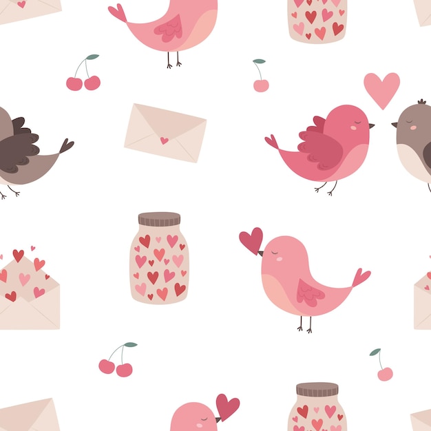 A seamless love pattern with a couple of birds a jar with hearts an envelope with a letter