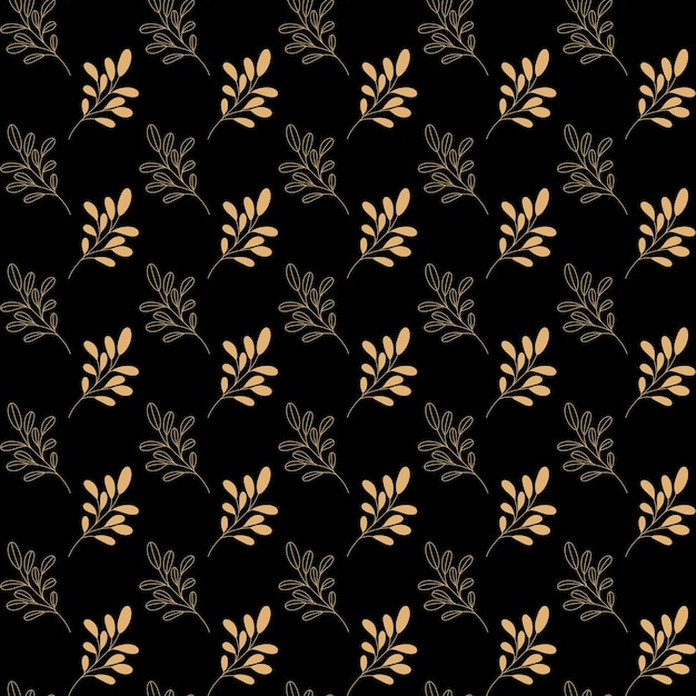 Seamless luxury golden plants pattern on black background. Hand drawn floral linear elements