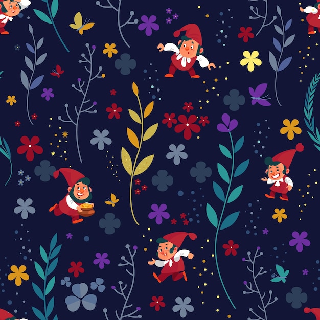 Seamless magical pattern background with dwarfs gnomes in colorful fantastic fairy tale forest Vector illustration