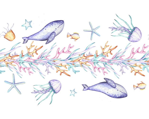 Seamless marine border with whales jellyfish fish algaeWatercolor