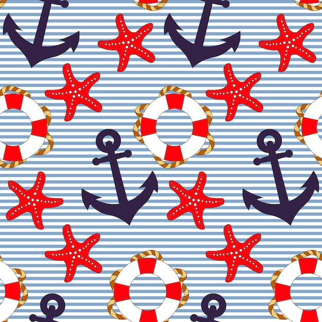 Seamless marine pattern anchor lifebuoy and starfishes on a striped background