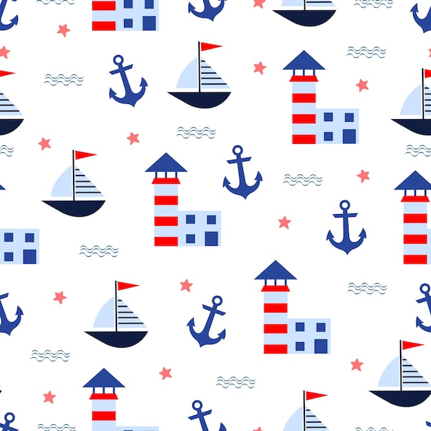 Seamless marine pattern with anchor lighthouse and ship