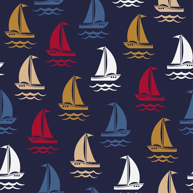 Seamless marine pattern with cute cartoon sailing boats and waves. Marine vector illustration.