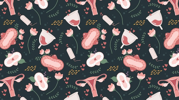 Seamless menstruationthemed pattern background banner with uterus cups and feminine hygiene pads