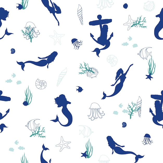 Seamless mermaid pattern marine background