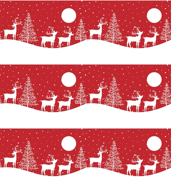 Seamless Merry Christmas pattern with deers winter abstraction Forest background Endless horizontal banner with Reindeers in snow Hand drawn paper decorative elements vector illustration