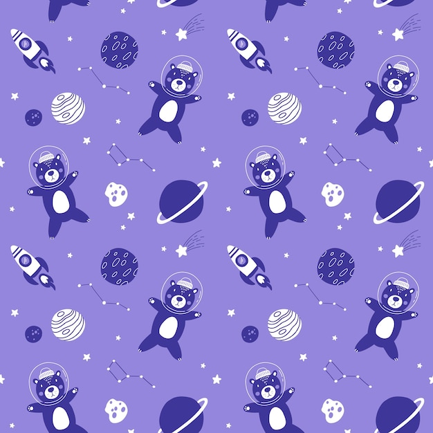 Seamless monochrome childish pattern with astronaut brown bears planet stars and constellation Creative scandinavian kids texture for fabric wrapping textile wallpaper apparel