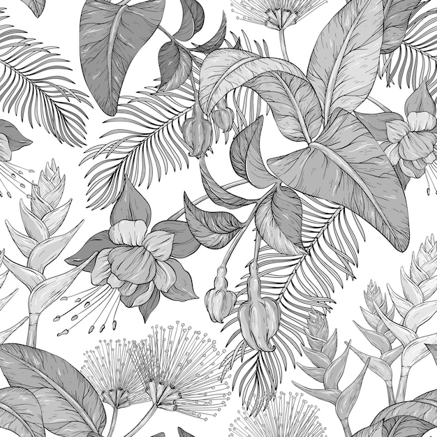 Seamless monochrome pattern with Tropical flowers and leaves Jungle leaves and exotic plants