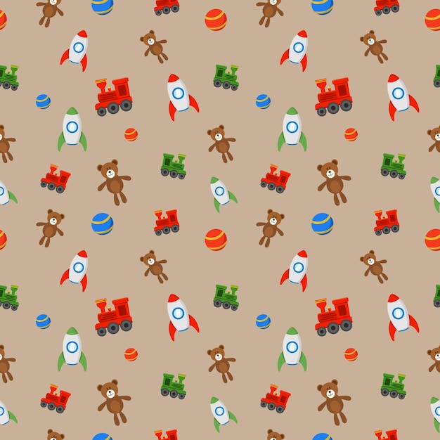 Seamless multicolored pattern of children's toys, teddy bear, rocket, ball and train