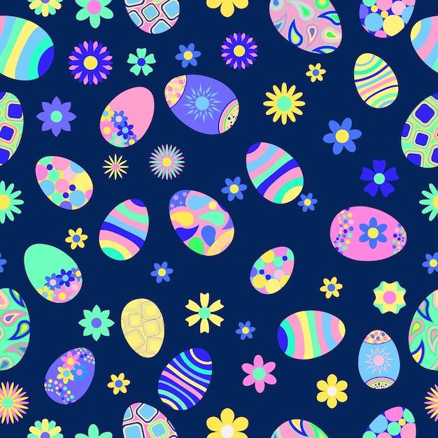 Seamless multicolored pattern of flowers and Easter eggs with various ornaments