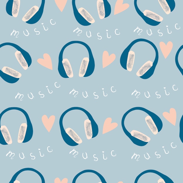 Seamless music vector pattern, chaotic background with colorful headphones. Vector.