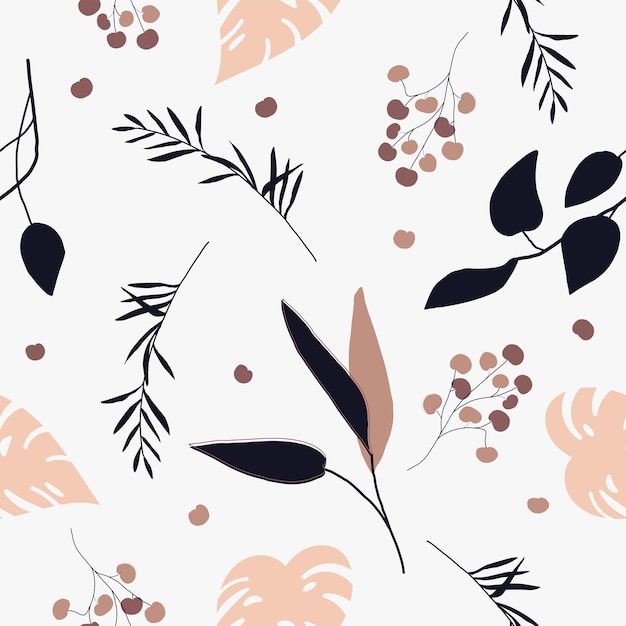 Seamless natural pattern abstract plants and leaves on a white background Hand drawing