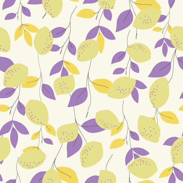 Seamless natural pattern lemon and lilac leaf white  background Hand drawing