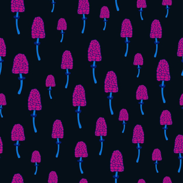 Seamless natural pattern mushrooms  neon color black background Vector minimalist hand drawn