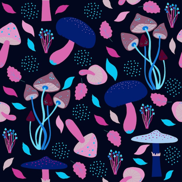 Seamless natural pattern mushrooms  neon color black background Vector minimalist hand drawn