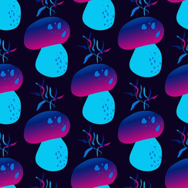 Seamless natural pattern mushrooms  neon color black background Vector minimalist hand drawn