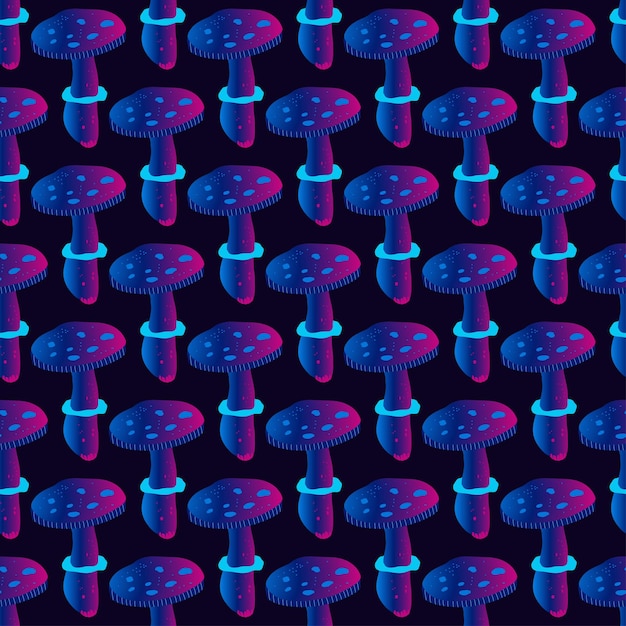 Seamless natural pattern mushrooms  neon color black background Vector minimalist hand drawn