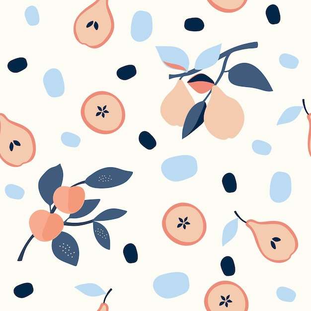 Seamless nature pattern gardening Abstract flowers and fruits white background hand drawn