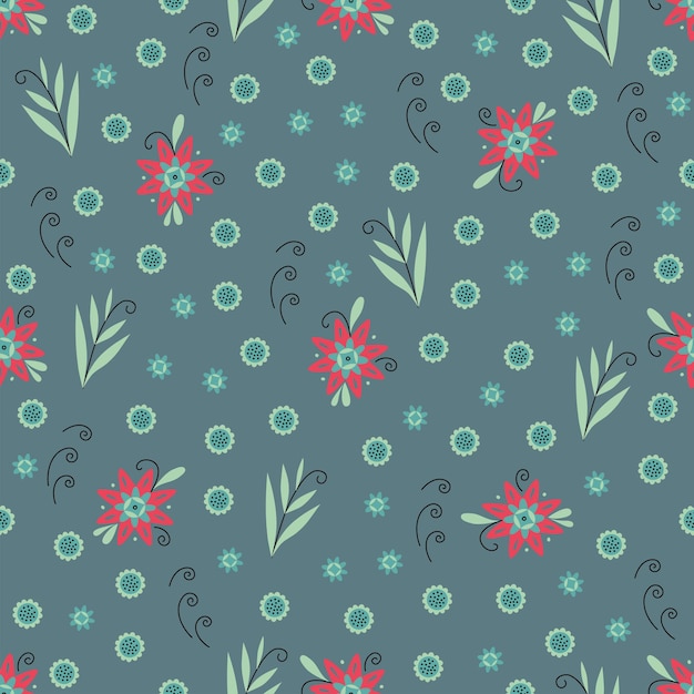 Seamless nature pattern gardening Abstract flowers leaves drawing on a green background