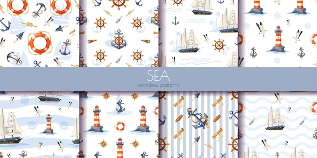 Vector seamless nautical patterns with marine elements vector illustration