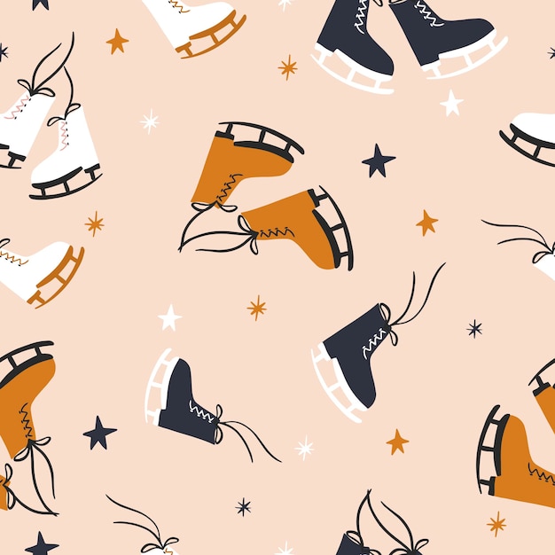 Seamless New Year Pattern. Colorful Ice Skates Light Background. Vector Illustration