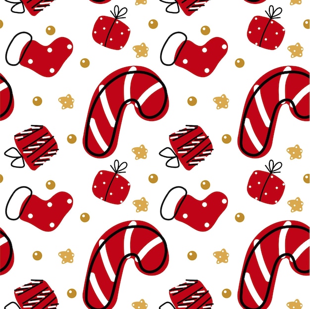 Seamless New Year pattern with red lollipop boot and gifts print for printing on fabric and posters