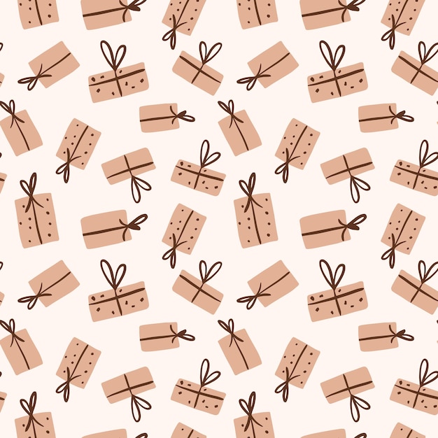 Seamless New Year's pattern. Holiday gifts on a neutral background. Vector illustration