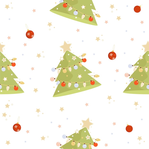 Seamless New Years pattern Christmas tree with balls on white background with stars