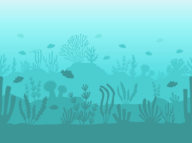 Seamless ocean bottom. Underwater coral reef silhouette with sea plants, fish and seaweed. Flat seascape with undersea life vector pattern. Landscape with sand and deep water nature